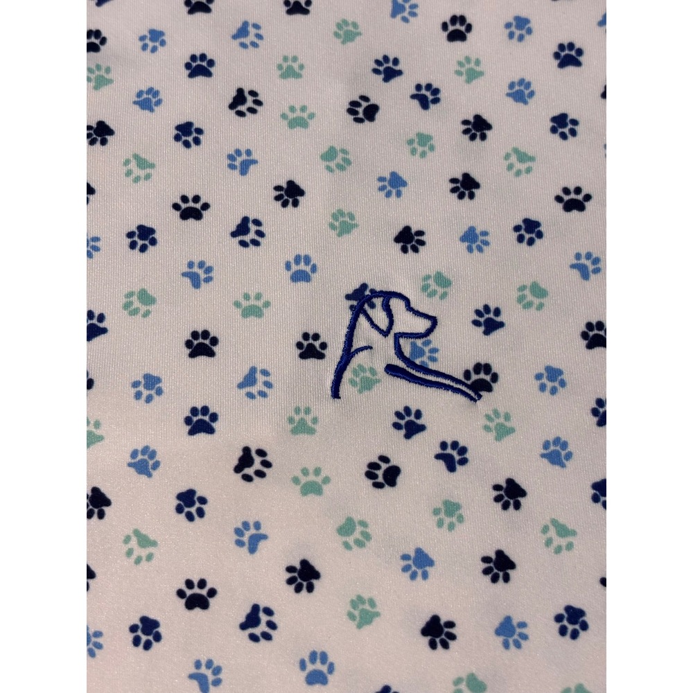 Rhoback Mens Performance Polo Shirt Large White Blue Paw Print Golf Short Sleeve